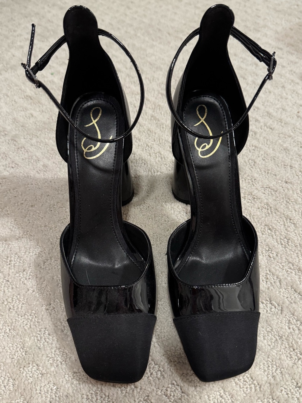 Anthropologie Black Square-Toe Ankle-Strap Block Heels